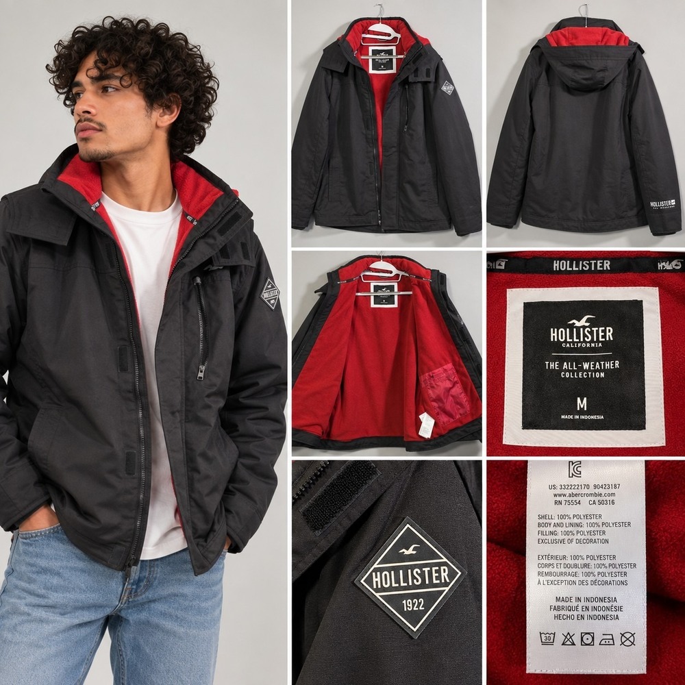 Hollister All Weather Collection Mens Jacket M Black Fleece Lined Hooded Coat